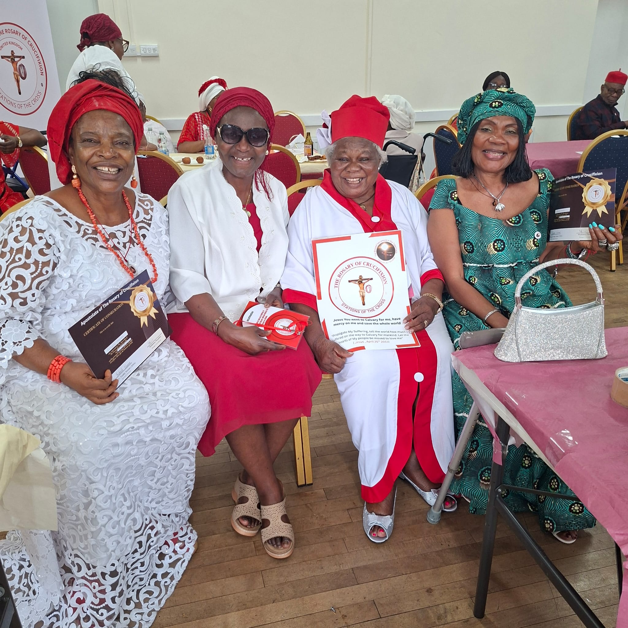 Rosary of Crucifixion devotees seated with certificates